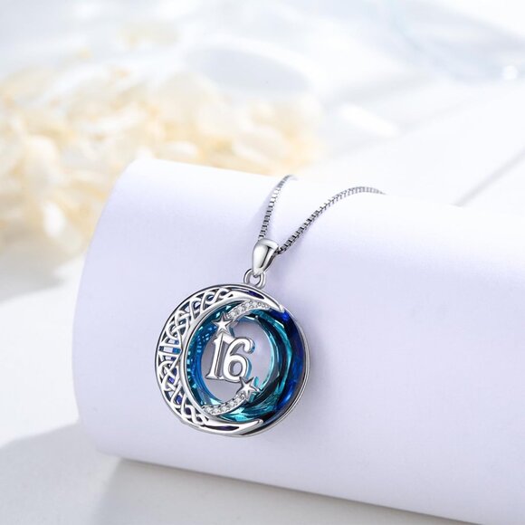 Sterling Silver Celtic Moon & Star Necklace with Blue Crystal for 16th Birthday - Picture 2 of 7